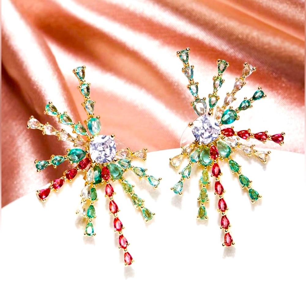 Gorgeous 18KT Dip Dillards Gemstone Emerald Ruby Fire cracker Christmas earrings